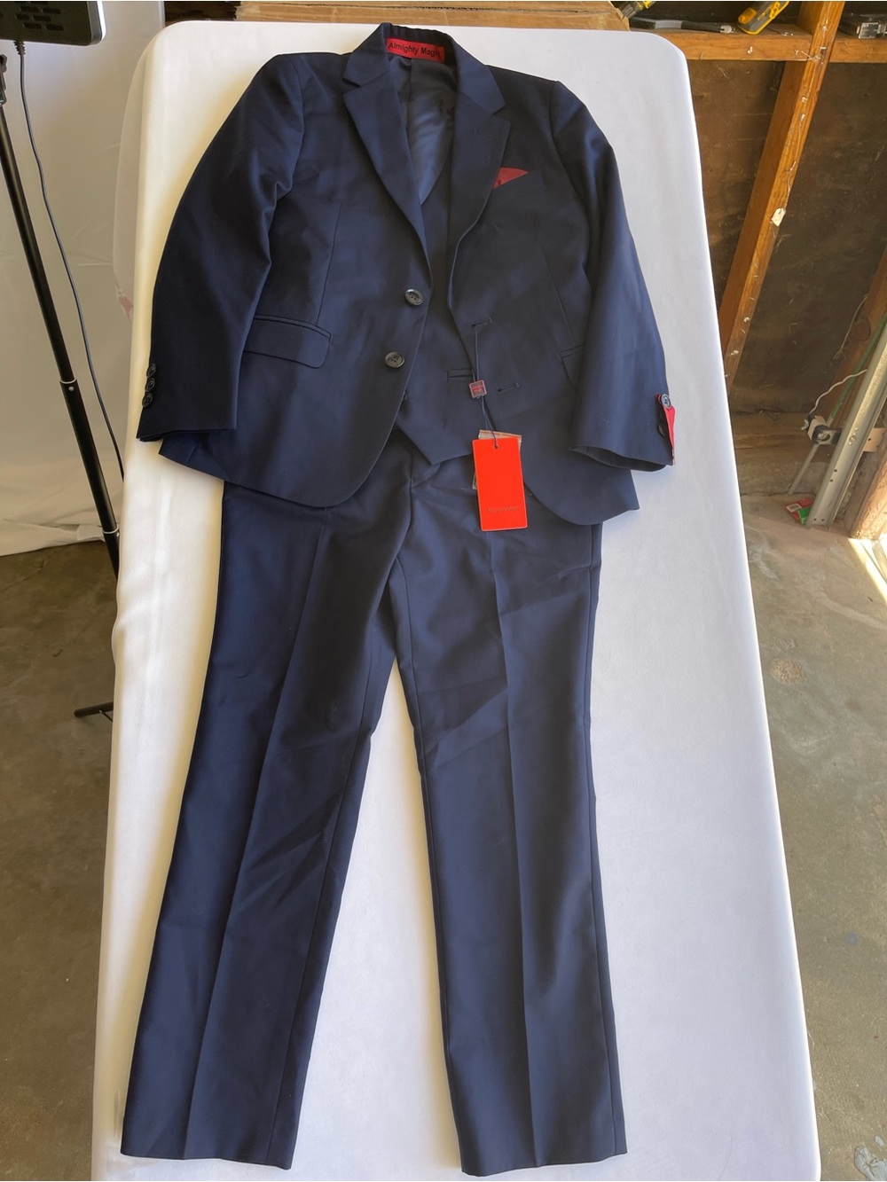 Boys Classic Navy Suit with Red Pocket Accent